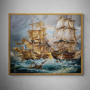 Battaglia di Trafalgar, HMS Victory, stampa artistica giclée di una nave alta su carta pesante, dipinto a olio originale di una nave da battaglia, poster di una nave in navigazione