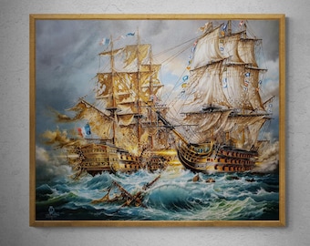 Battle of Trafalgar, HMS Victory, tall ship giclee fineart print on heavyweight paper, battle ship original oilpainting, ship sailing poster