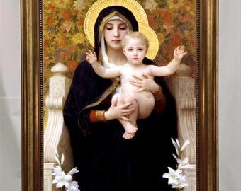 Madonna of the Lilies Canvas Print with Brush Stroke Texture, Vintage Golden Frame