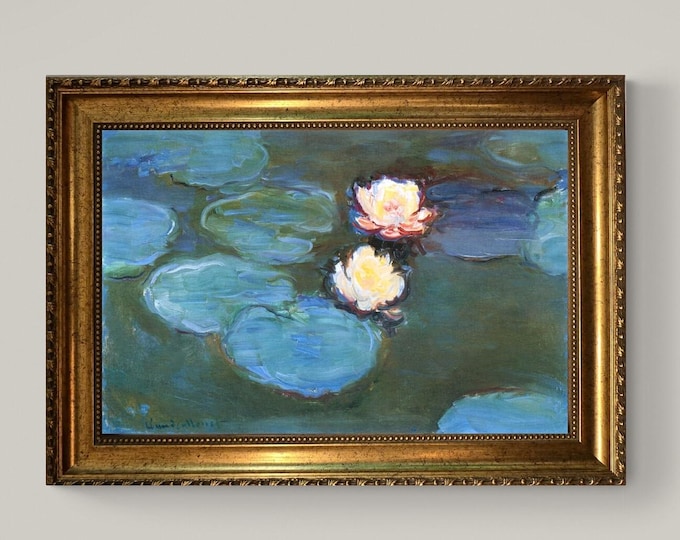 Monet Water Lillie (1897) Canvas Print: Brush Strokes, Golden Vintage Frame