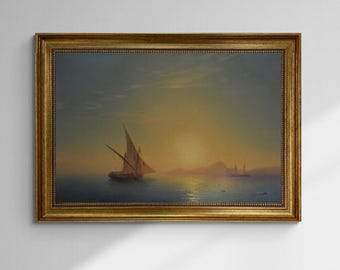 Aivazovsky Sunset Over Ischia Painting, Framed Canvas Print, Golden Vintage Frame