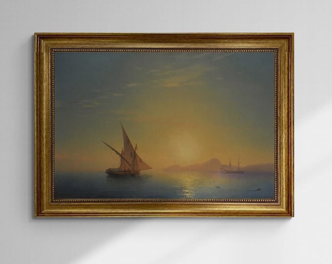 Sunset over Ischia painting by Aivazovsky, framed premium canvas print, with brush strokes  and golden vintageous frame looks like original