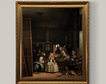 Las Meninas by Velázquez,  Canvas Print with Golden Vintage Frame and brush strokes