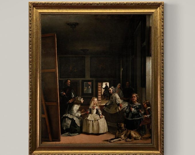 Las Meninas by Velázquez,  Canvas Print with Golden Vintage Frame and brush strokes
