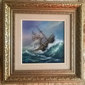 SHIP at ROUGH SEA: original oil on canvas tall ship painting, seascape wall art, sailing ship decor, ship stormy landscape, commission art