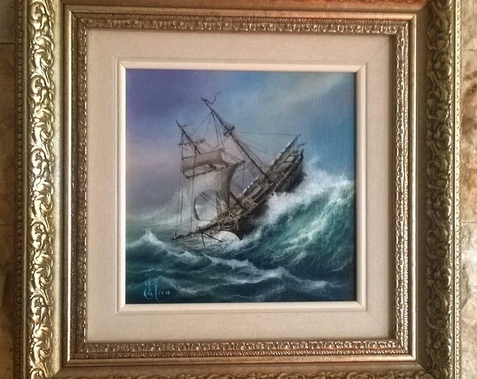 SHIP at ROUGH SEA: original oil on canvas tall ship painting, seascape wall art, sailing ship decor, ship stormy landscape, commission art