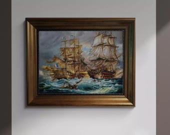 Battle of Trafalgar HMS Victory, Giclée Canvas Print with Vintage Frame