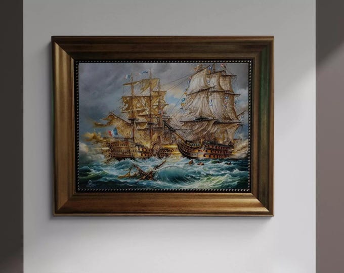 Battle of Trafalgar HMS Victory, Giclée Canvas Print with Vintage Frame