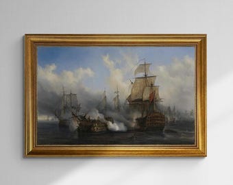 Battle of Trafalgar, Auguste Mayer, Redoutable ship, 3D hand finished premium print on canvas with brush strokes and golden vintageous frame