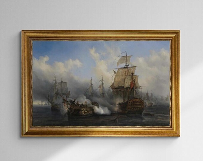 Battle of Trafalgar, Auguste Mayer, Redoutable ship, 3D hand finished premium print on canvas with brush strokes and golden vintageous frame