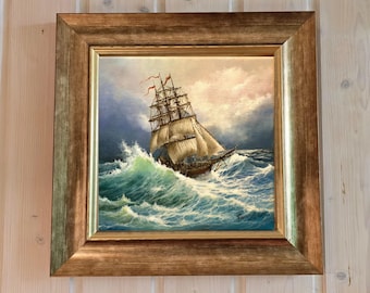 Tall Ship Canvas Print: 3D Texture, Golden Wooden Frame (15.7" x 15.7")