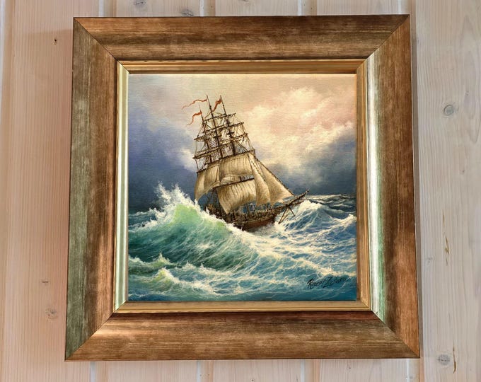 Tall ship decoration: canvas reproduction of original oilpainting, Canvas & 3D Hand Finished Premium Texture Print with wooden golden frame