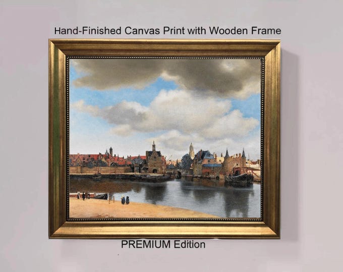 Vermeer View of Delft Canvas Print with Gold Frame and brush strokes texture