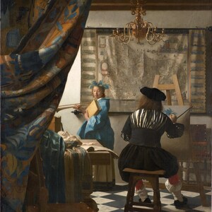 L'arte della pittura, Jan Vermeer, riproduzione artistica di alta qualità su tela, carta, stampa con texture 3D con pennellate, sembra l'originale