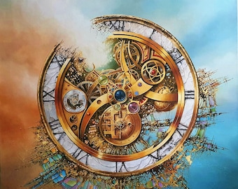 MYSTERY OF TIME original oil canvas painting with golden vintageous frame, surreal wallarte, surreal clock image, original large art 36"x36"