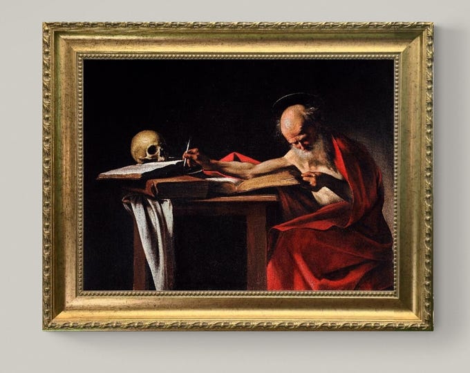 Caravaggio's Saint Jerome Writing: 3D Canvas Print, Hand-Finished brush strokes, Vintage Gold wooden Frame