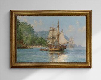 Pirates Haunt Canvas Print with brush strokes, Montague Dawson Reproduction, Golden Vintage Frame