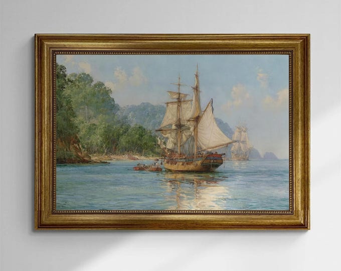 Pirates Haunt Canvas Print with brush strokes, Montague Dawson Reproduction, Golden Vintage Frame
