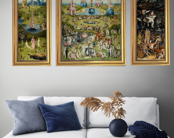 Hieronymus Bosch Triptych Canvas Print: Garden of Earthly Delights, Vintage Golden Frame