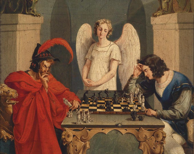 Faust and Mephistopheles Playing Chess Canvas Print: Moritz Retzsch 3D Hand Finished Art