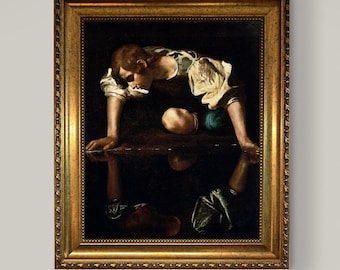 Caravaggio Narcissus Canvas Print, Brush Stroke Texture, Vintage Gold Wooden Frame