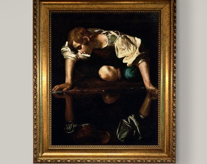 Narcissus by Caravaggio, Premium 3D Canvas Print with brush strokes and wooden gold frame