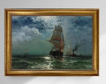 Ship at Night by Edward Moran, Canvas Print, Vintage Golden Frame and Brush strokes