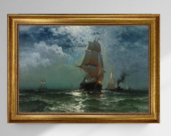 Ship at Night by Edward Moran, Canvas Print, Vintage Golden Frame and Brush strokes