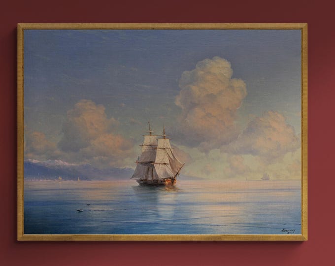 Aivazovsky: Ship off the coast,  XXL printing, Seascape Classic Art Print on Canvas & 3D Finished Premium Texture Print with brush strokes