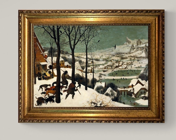 Bruegel Hunters in the Snow Premium Canvas Print: Vintage Golden Frame, Brush Strokes