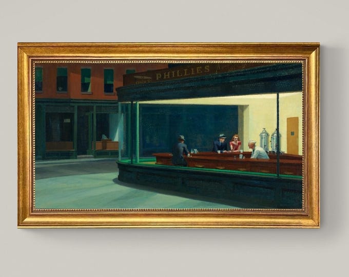 Nighthawks Canvas Print: Edward Hopper Reproduction, Vintage Gold Frame, 3D Texture