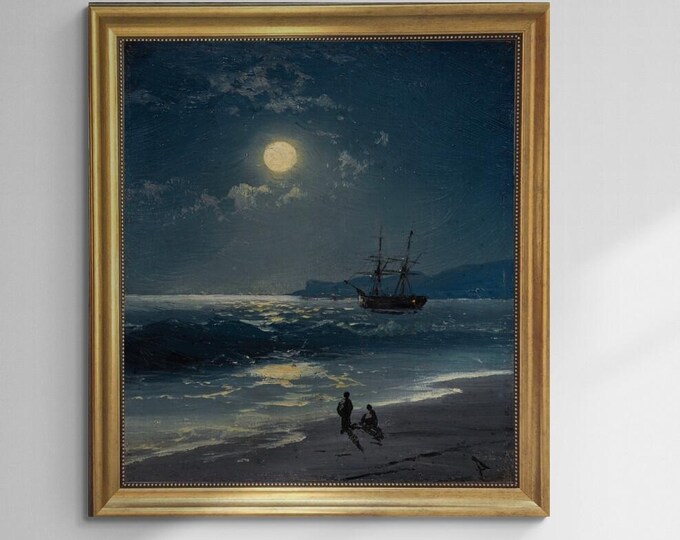 Sailing ship on calm sea by moonlight canvas hand finished premium print with brush strokes and golden vintageous frame looks like original
