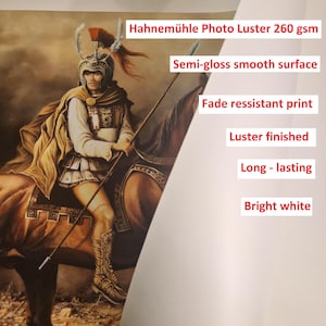 The image is a painting of a person in a helmet and armor, riding a horse.