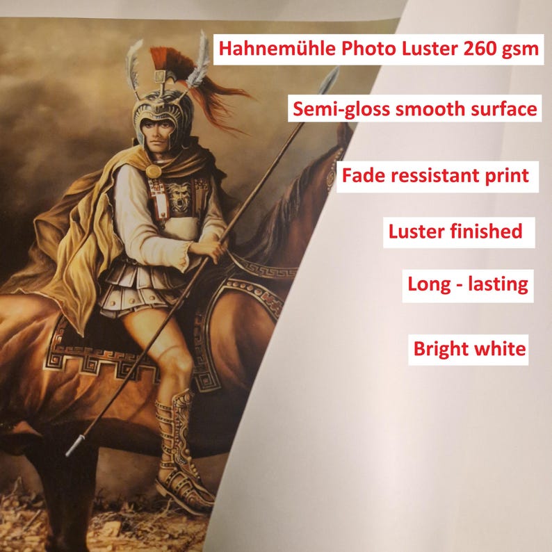 The image is a painting of a person in a helmet and armor, riding a horse.