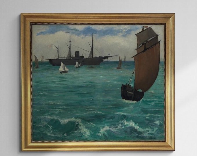 Naval Battle, Edouard Manet, Gliclée canvas hand finished premium print with brush strokes and golden vintageous frame looks like original