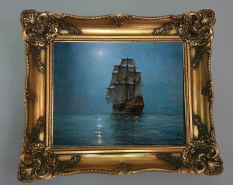 Montague Dawson Crescent Moon Ship Painting, Vintage Framed Giclée Canvas Print