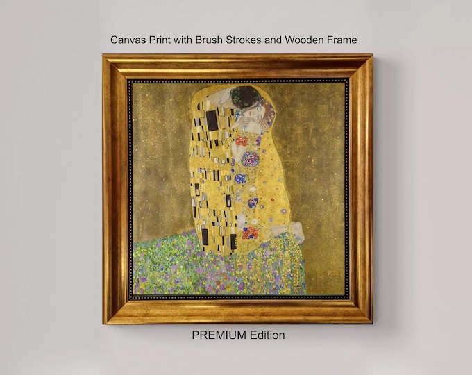 Kiss painting by Gustav Klimt: Art Nouveau Masterpiece, Hand-Textured Canvas, Golden Wooden Frame