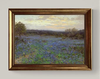 Field of bluebonnets at sunset 3D texture print on Canvas with Vintage Wooden Frame