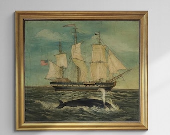 American Whaling Ship & Sperm Whale Canvas Print, Hand Finished