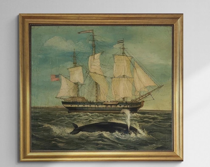 American Whaling Ship With Sperm Whale Framed Premium Print on Canvas, Hand finished  with brush strokes looks like original oil painting