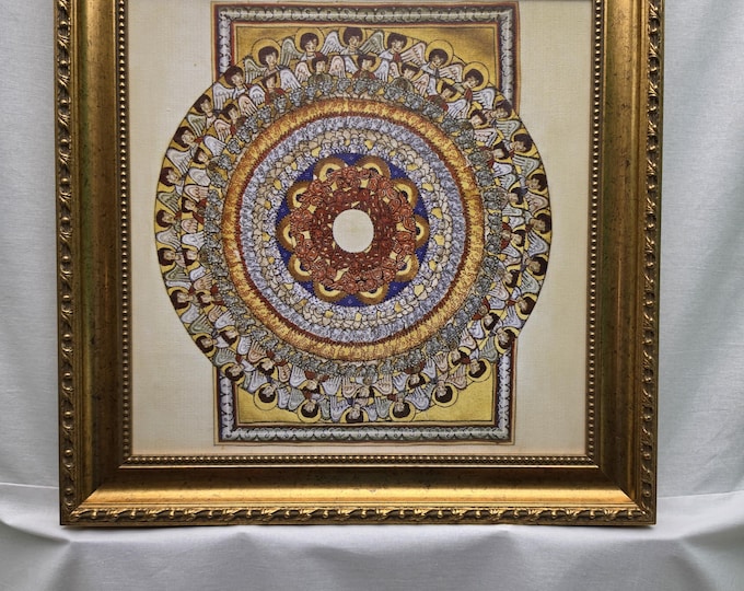 Hildegard von Bingen Mandala Canvas Print with brush strokes and Vintage Golden Frame