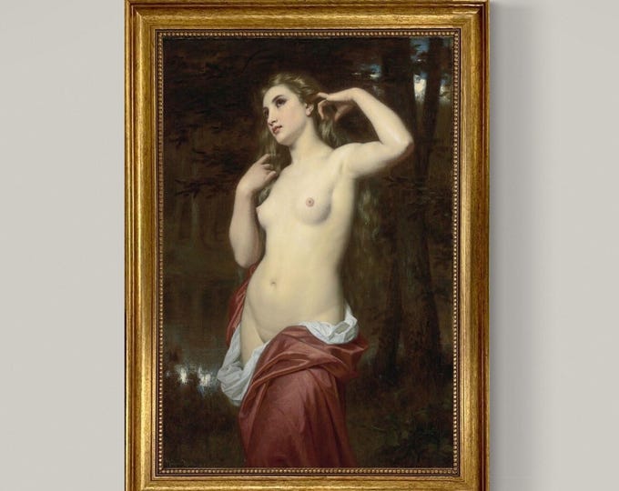 The Bather by Hugues Merle:  Print on canvas with Golden Vintage Frame and Brush Strokes