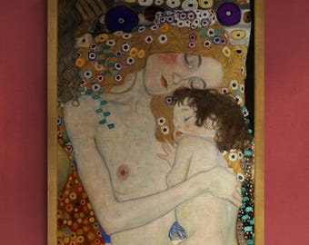 Gustav Klimt Mother and Child Canvas Print, Hand Finished Texture