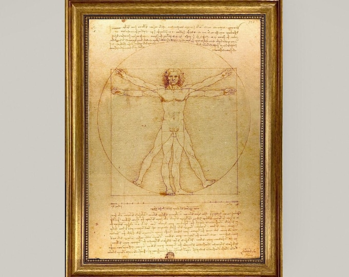 Vitruvian Man Da Vinci’s Masterpiece | Framed Gliclée canvas with hand-applied brush strokes and golden vintage frame | looks like original