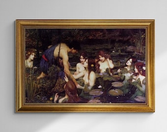 John William Waterhouse: Hylas and the Nymphs, Gliclée canvas premium print with brush strokes + golden vintageous frame looks like original