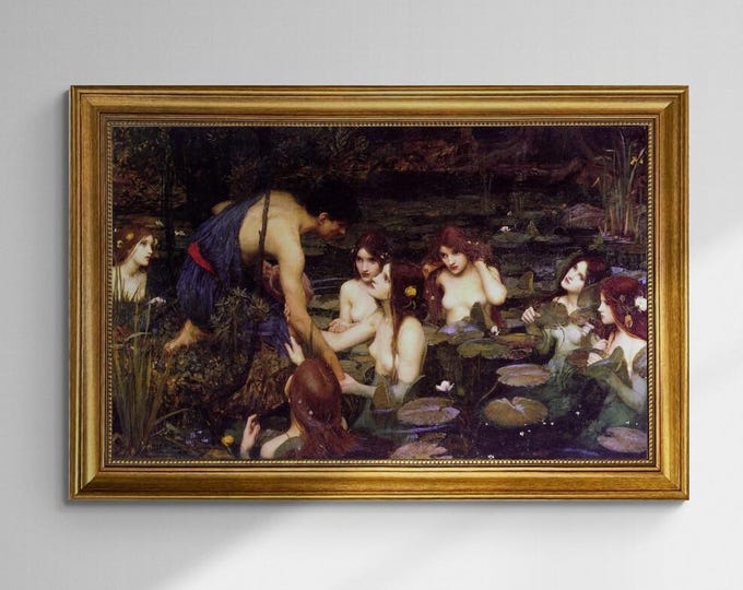 John William Waterhouse: Hylas and the Nymphs, Gliclée canvas premium print with brush strokes + golden vintageous frame looks like original