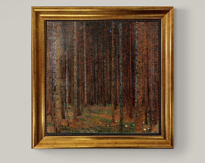 Gustav Klimt Tannenwald, Giclée Canvas Print: Hand-Textured, Golden Vintage Frame