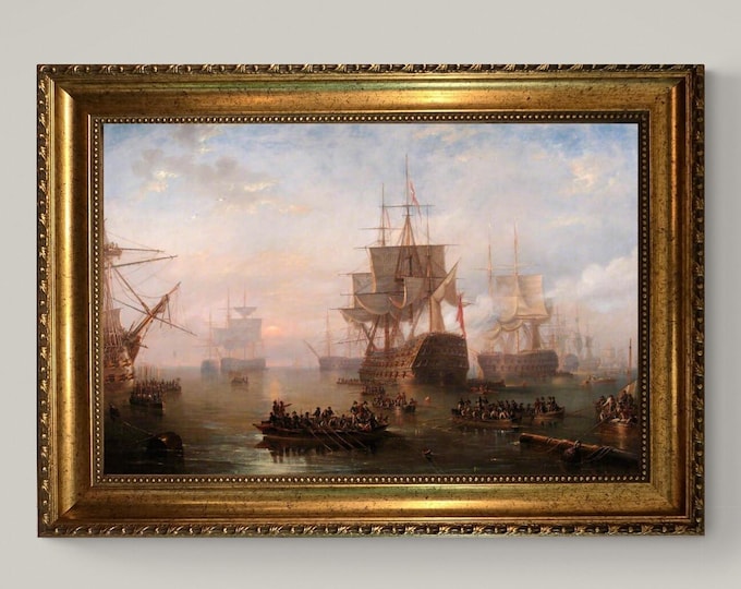 HMS Victory Print: Carmichael Seascape Painting with Vintage Gold Frame, Brush Strokes