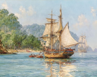 Pirates' Haunt Art Print by Montague Dawson, Cocos Island Nautical Canvas
