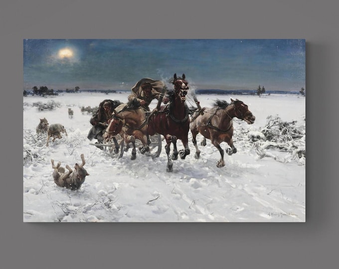 Troika pursued by wolves, Alfred Wierusz Kowalski print on Canvas, Brush strokes